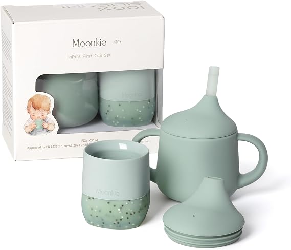 Moonkie Baby Training Cup & Sippy Cup Set | 4 Months+ | Baby-Led Weaning Essential | Gift for Infants (Mint Cup Set, 2 Pack)
