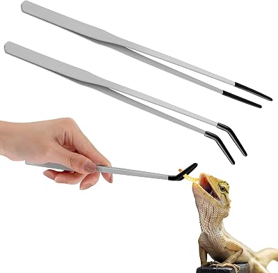 Lasnten 2 Pcs Extra Long Stainless Steel Reptile Feeding Tongs with Rubber Tip 10 Inch, 10.5 Inch Bearded Dragon Aquarium Straight and Curved Long Tweezer Terrarium Feeder Tool for TankSilver