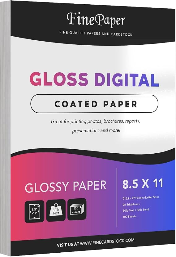 Double-Sided Gloss Digital C2S Paper Perfect for Color Laser Printing, Design Proposals, Flyers, Brochures | 80lb Text (32lb Bond) | 96 Bright | Acid Free, Glossy Coated | 100 Sheets (8.5 x 11)
