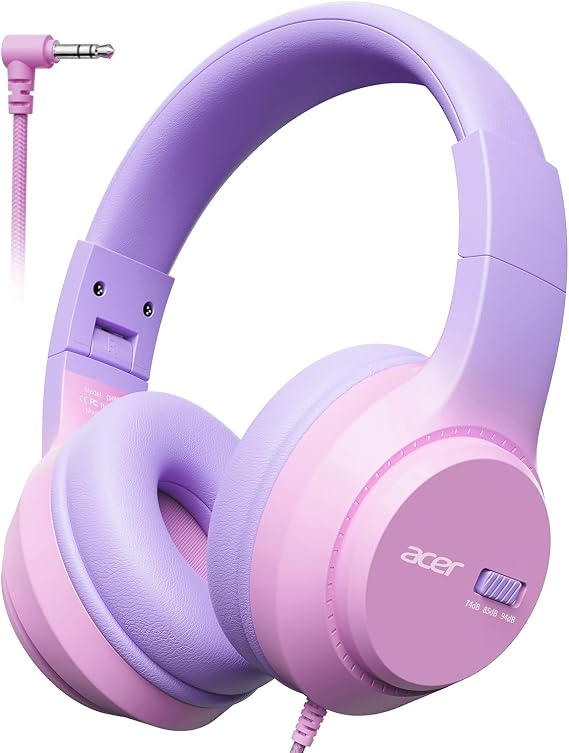 Acer Kids Headphones, 74/85/94dB Volume Limiter, Foldable Wired Over Ear Headphones for Travel, 3.5mm Jack, Toddler Headphones for School, iPad, Chromebook, Tablet, Pink Purple