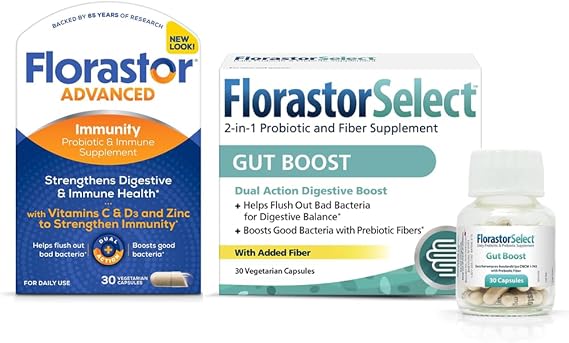 Florastor Gut & Immunity Boost Bundle - 30 ct. Gut Boost Daily Probiotic & Prebiotic + 30 ct. Immunity Boost & Support Daily Probiotic Saccharomyces Bouldari for optimal Digestion & Immunity Support
