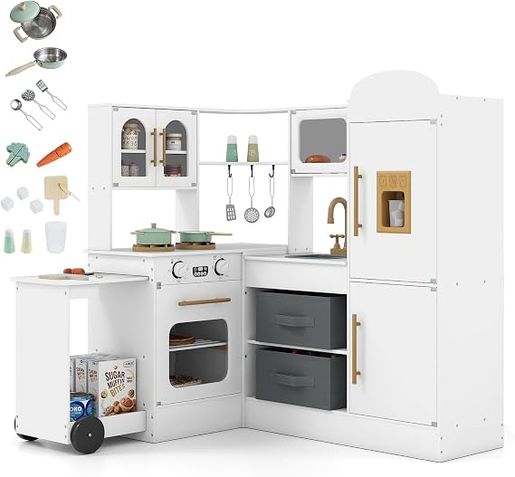 HOMASIS Corner Children's Wooden Play Kitchen with Light and Sound Toy Kitchen with Sink Stove Oven Ice Maker Microwave Fridge Includes Worktop Accessories & 2 Baskets for Children from 3