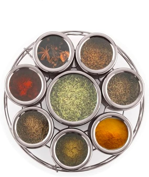 8 in 1 Multipurpose Stainless Steel Masala Dabba Wire Stand| Masala Box for Kitchen | Spice Box Steel | Spice Containers 8 Jars 8 Spoons Big Size 350ml Each | Total 2450 ml