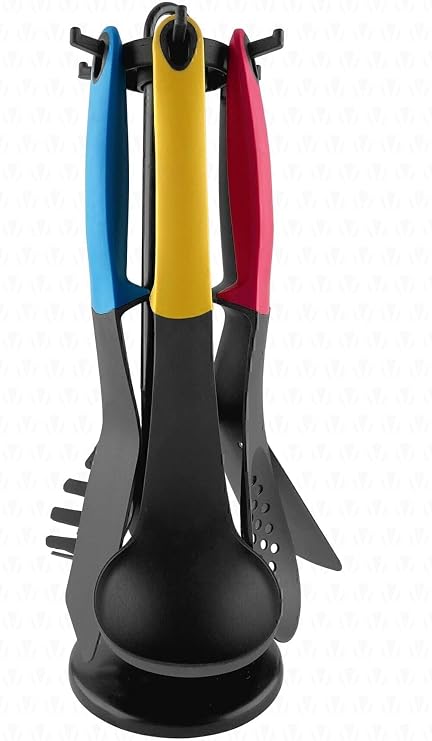 Valletta Vintage 7 Piece Silicone Kitchen Serving Set with Stand Colorful Bucket Set Serving Spoons