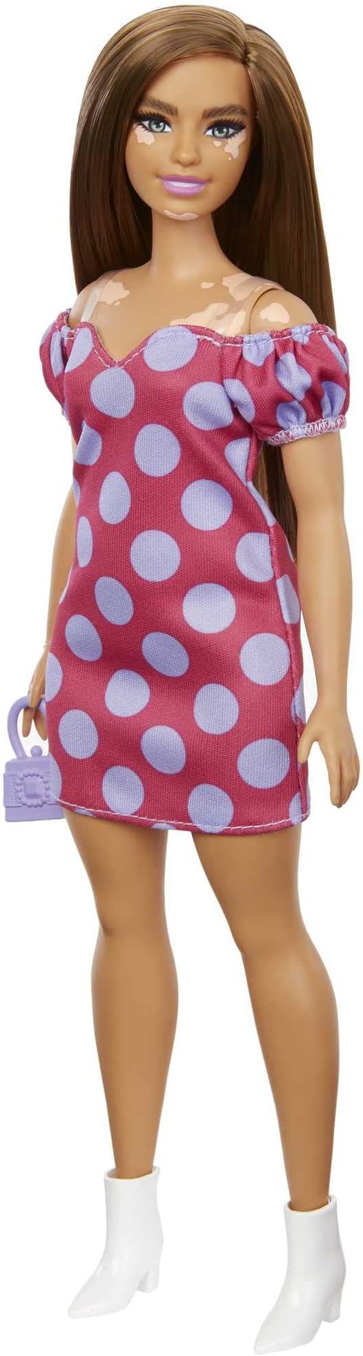 Barbie Fashionistas Doll #171, Curvy, Vitiligo, Long Brunette Hair, Off-Shoulder Polka Dot Dress, Purple Purse, White Boots,Toy for Kids 3 to 8 Years Old