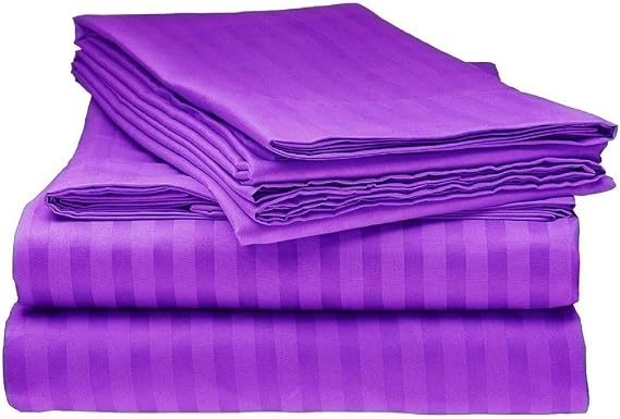 LaxLinen Super Soft Quality 100% Egyptian Cotton 6 PCs Sheet Set 21" Inch Extra Deep Pocket Queen Sofa, Purple Stripe 500-Thread Count