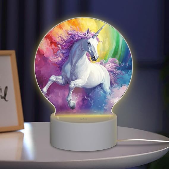 Round Acrylic Touch Bedside Night Light, Graceful Mythical Creature Oil Painting Printed LED Night Lamp with USB Plug for Room Decor