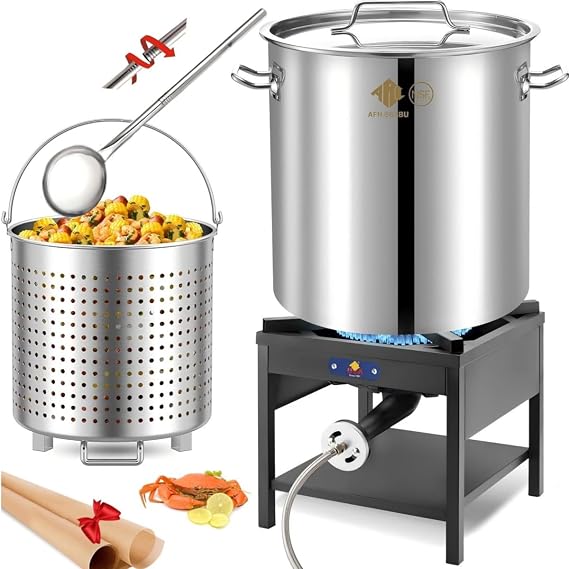 ARC 64QT Stainless Steel Seafood Boiling Turkey Fryer Kit with Strainer and Propane Stove with 200,000BTU and 36" Large Spoon (Stockpot+Stove+Large Spoon)