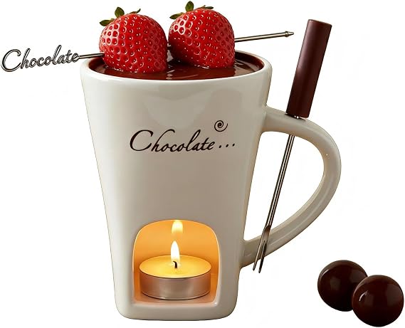 Mini Fondue Set Ceramic Chocolate Fondue Mug with Forks | 130ml Melting Cup for Chocolate & Cheese - Perfect Gift Set for Date Night, Valentine's Day & Romantic Occasions