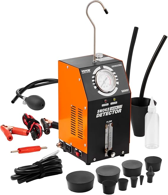 VEVOR Automotive Smoke Machine Leak Detector, DC 12V EVAP Vacuum Diagnostic Tester with Built-in Air Pump, Pressure Gauge & Flow Meter, 2-Mode Fuel Detector for Cars, Motorcycles, Trucks, Boats, ATVs | For cars, trucks, boats, motorcycles and ATVs, with air and smoke mode, pressure gauge, flow meter and 8-piece seal set