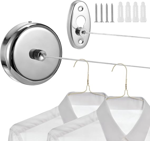 Retractable Clothesline for Indoor Outdoor Use, Stainless Steel Wall Mounted Laundry Drying Rack with 9.2ft Nylon Line, Hidden Washing Line for Bathroom Hotel Balcony Small Apartment