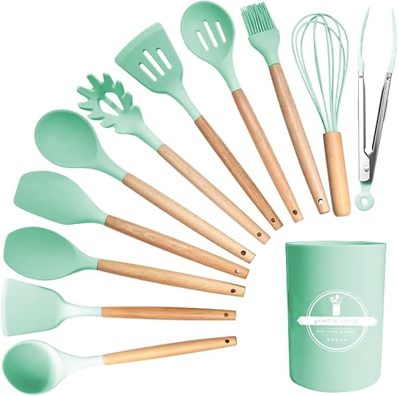 Kitchen Utensil Set, 12 PCS Silicone Cooking Utensils Set with Wooden Handle, Heat Resistant, Nonstick Cookware Tongs Spatula Spoon Set, Dishwasher Safe(Color:Green)