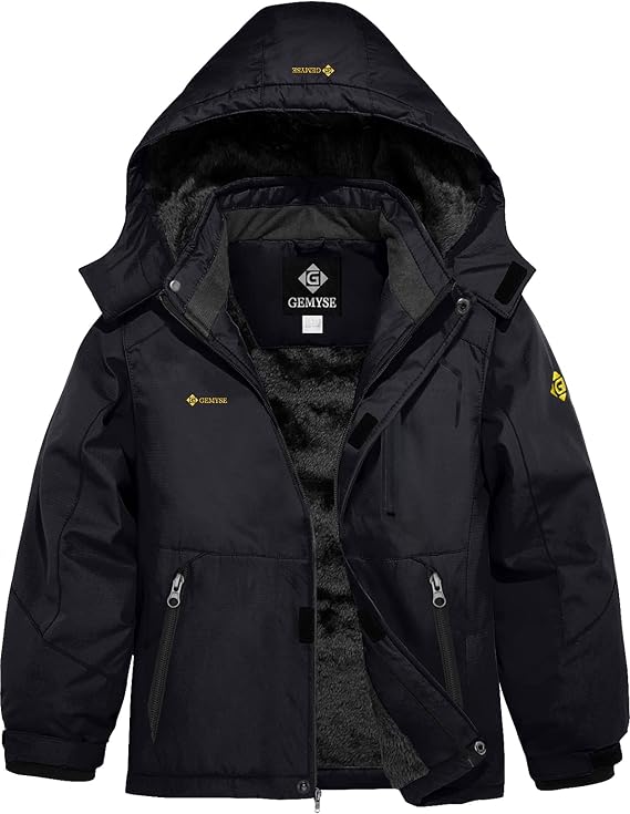 GEMYSE Boy's Waterproof Ski Jacket Fleece Winter Coat with Detachable Hood | Windproof, Insulated, Durable SBS Zippers, Multiple Pockets, for Snow Play & Cold, Wet Weather