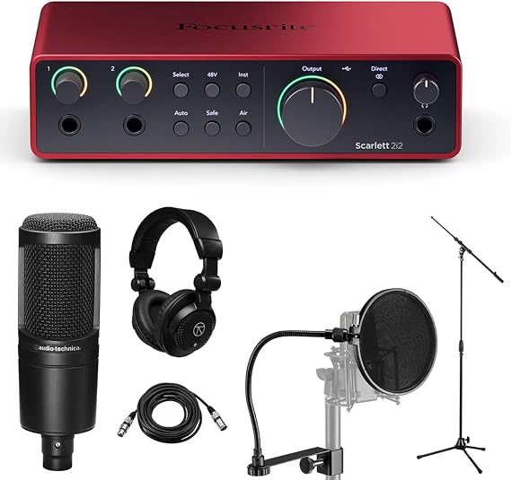 Focusrite Scarlett 2i2 4th Gen USB Interface, Bundle With Audio-Technica Mic, H&A Pop Filter, Stand, Headphones, XLR M to F Cable 25'
