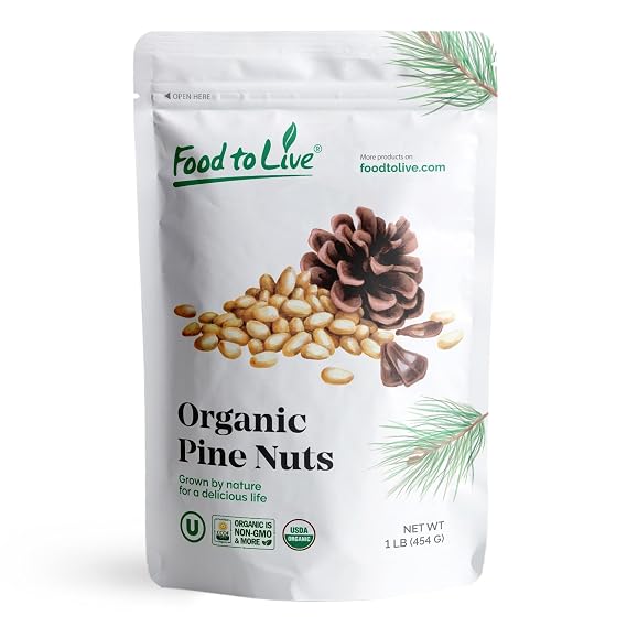 Food to Live Organic Pine Nuts, 1 Pound Non-GMO, Whole Raw Pignolias, Unsalted, No Shell, Vegan, Kosher, Bulk Snack. Rich in Vitamin E, Protein. Great for Pesto, Salads, Homemade Desserts