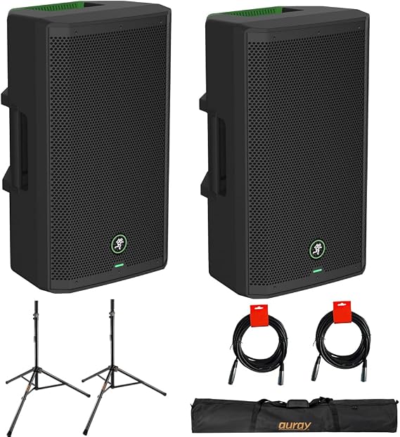 Mackie Thrash212 GO 12" 300W Powered PA Loudspeaker System (Pair) with Auray SS-47S-PB Steel Speaker Stands with Tripod Base and Case and 2X 20-Inch XLR-XLR Audio Cable