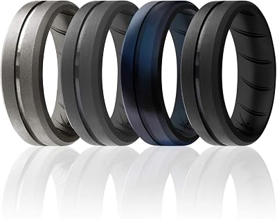 ROQ Silicone Rings, Breathable Silicone Rubber Wedding Ring Band for Men with Comfort-Fit Design, 8mm Engraved Middle Line, 4 Pack, Silicone Wedding Ring - Grey, Black-Blue Camo Colors - Size 15