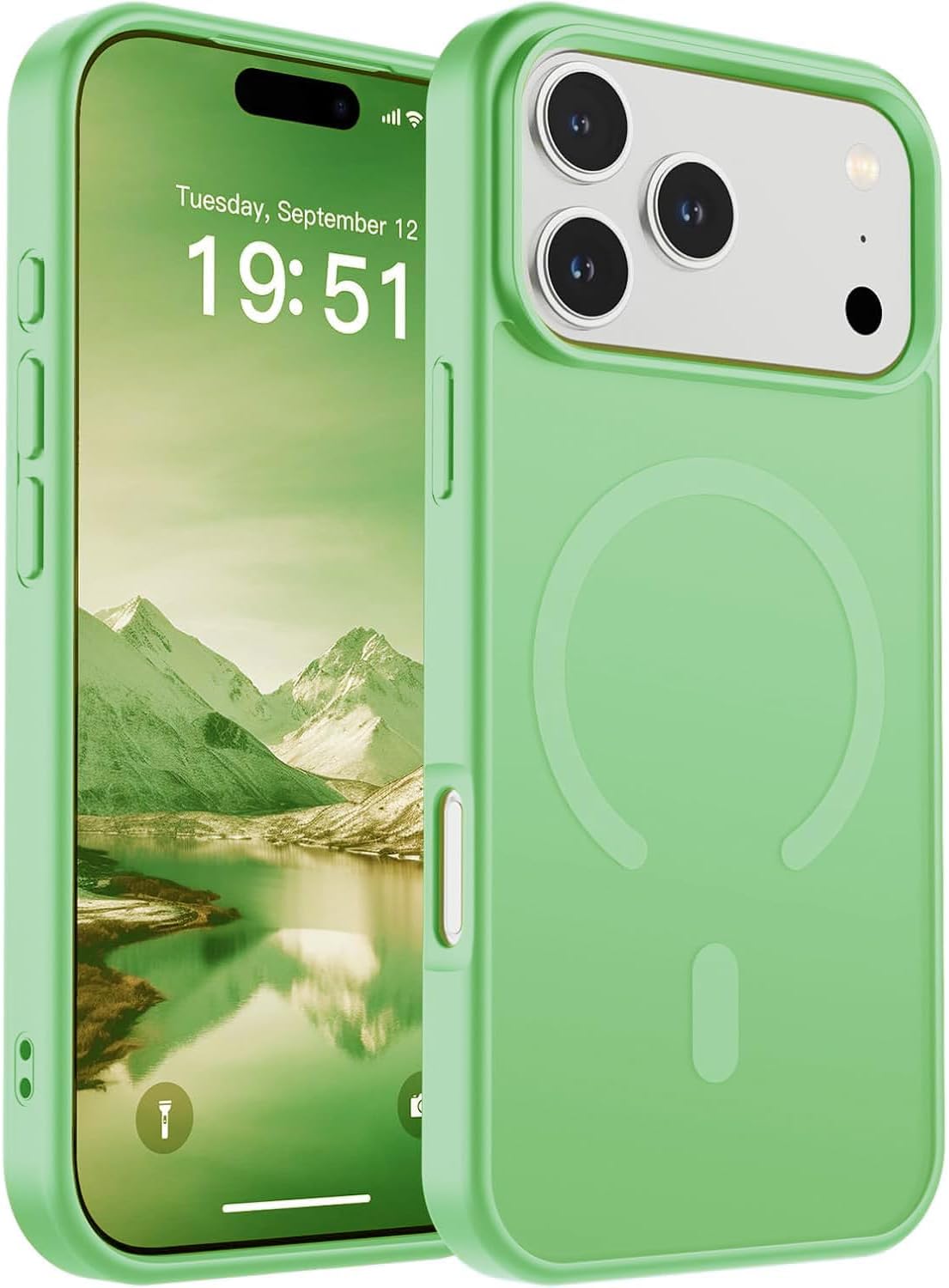 URUCHI iPhone 17 Pro ile uyumlu Güçlü Manyetik Telefon Kılıfı, [Mag-Safe ile Uyumlu] [Askeri Düzey Düşme Koruması] [Güçlü Silikon Kenarlar] İnce Yarı Saydam Mat Koruyucu Kılıf Açık Yeşil