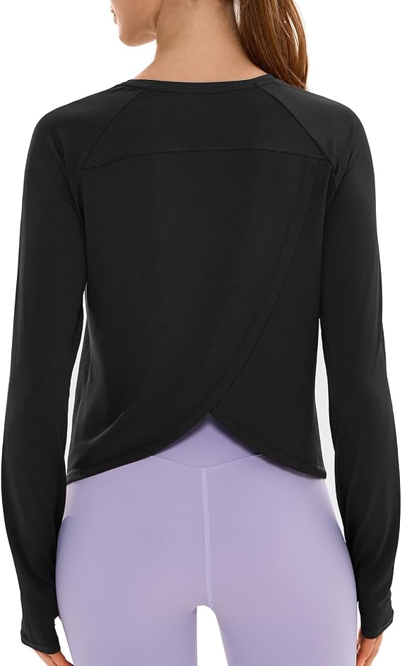HODOSPORTS Womens Workout Tops Cropped Athletic Shirts Split Back Long Sleeve Gym Active Running Shirt Loose Fit UPF 50+