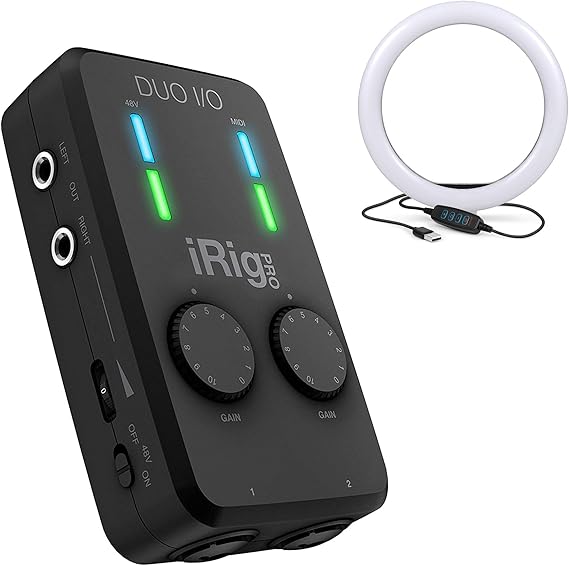 iRig Pro Duo I/O USB audio interface, TRS balanced & headphones outputs, audio mixer to 24-bit | 10" Ring Light