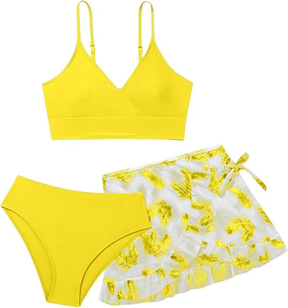 Cute Girls 2-Piece Bathing Suit Cute V-Neck Cross Band Swim Bra+ Palm Graphics Shorts Beach Pool Bikini Swimsuit