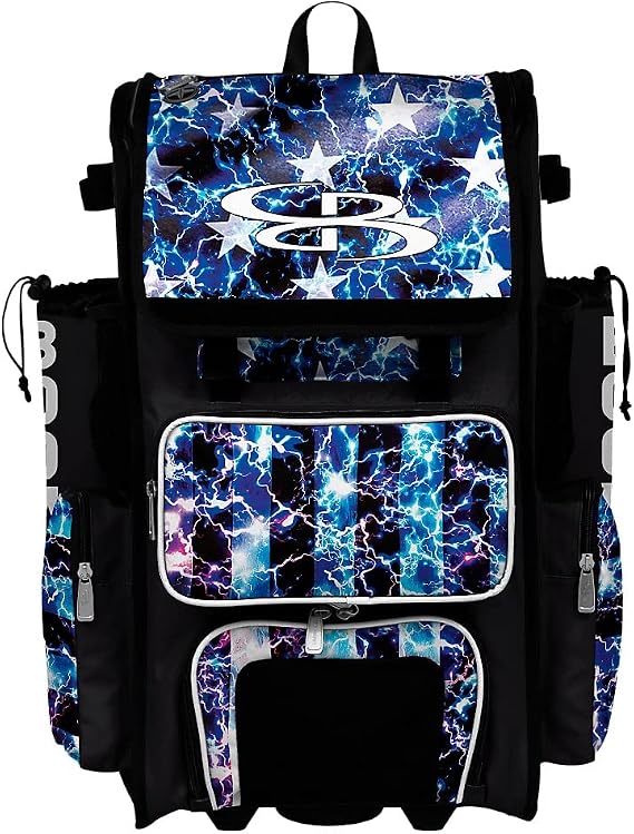 Boombah Superpack Hybrid Rolling Bat Bag - USA Banner Bat Pack Black/Royal Blue/White - Wheeled & Backpack Version