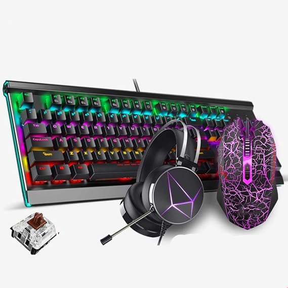 ARCH 104 Keys Mechanical Keyboard Set with Multimedia Keys,Gaming Keyboard Mouse Headset Kit,Rainbow LED Backlit Wired, for PC, Computer Windows PC Gamers (Color : Black-Tea Shaft)