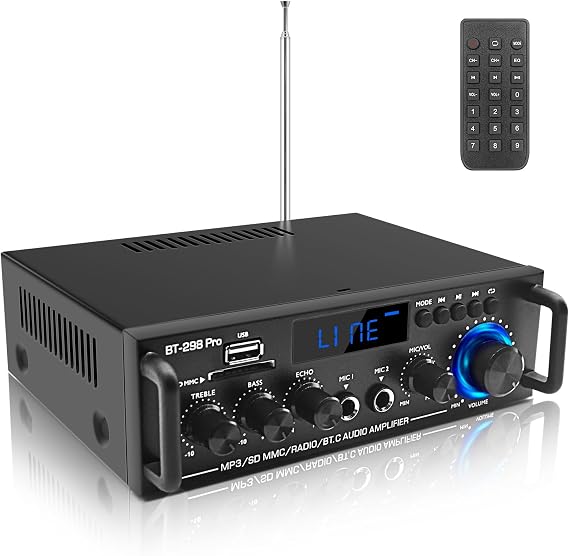 BT-298Pro 400W Amp, 2.0 Bluetooth Home Stereo Receiver w/Mic Echo & Bass