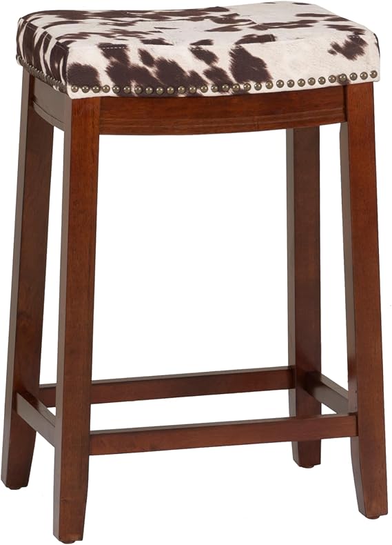 Linon Claridge Rich Brown Wooden 24 Inch Seat Height Counter Stool with Brown and Ivory Faux Cow Print Upholstered Seat