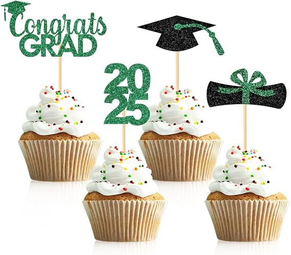 48 Pieces Graduation Cupcake Toppers Green Glitter Class of 2025 Diploma Congrats Grad Cupcake Picks for Graduation Party Cake Decorations...