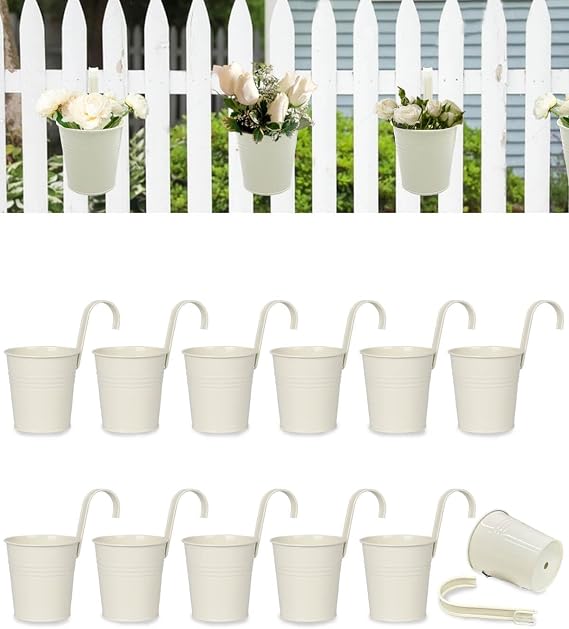 12 Pack Railing Planter for Outdoor Plants - 4 Inch Small Balcony Hanging Flower Pots with Detachable Hooks and Drain Holes Metal Oval Bucket Rail Box Fence Planters for Home Garden Decor, Cream White