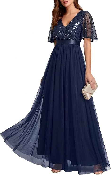 Formal Dresses Sequin Tulle V Neck A Line Long Dress Prom Evening Gown