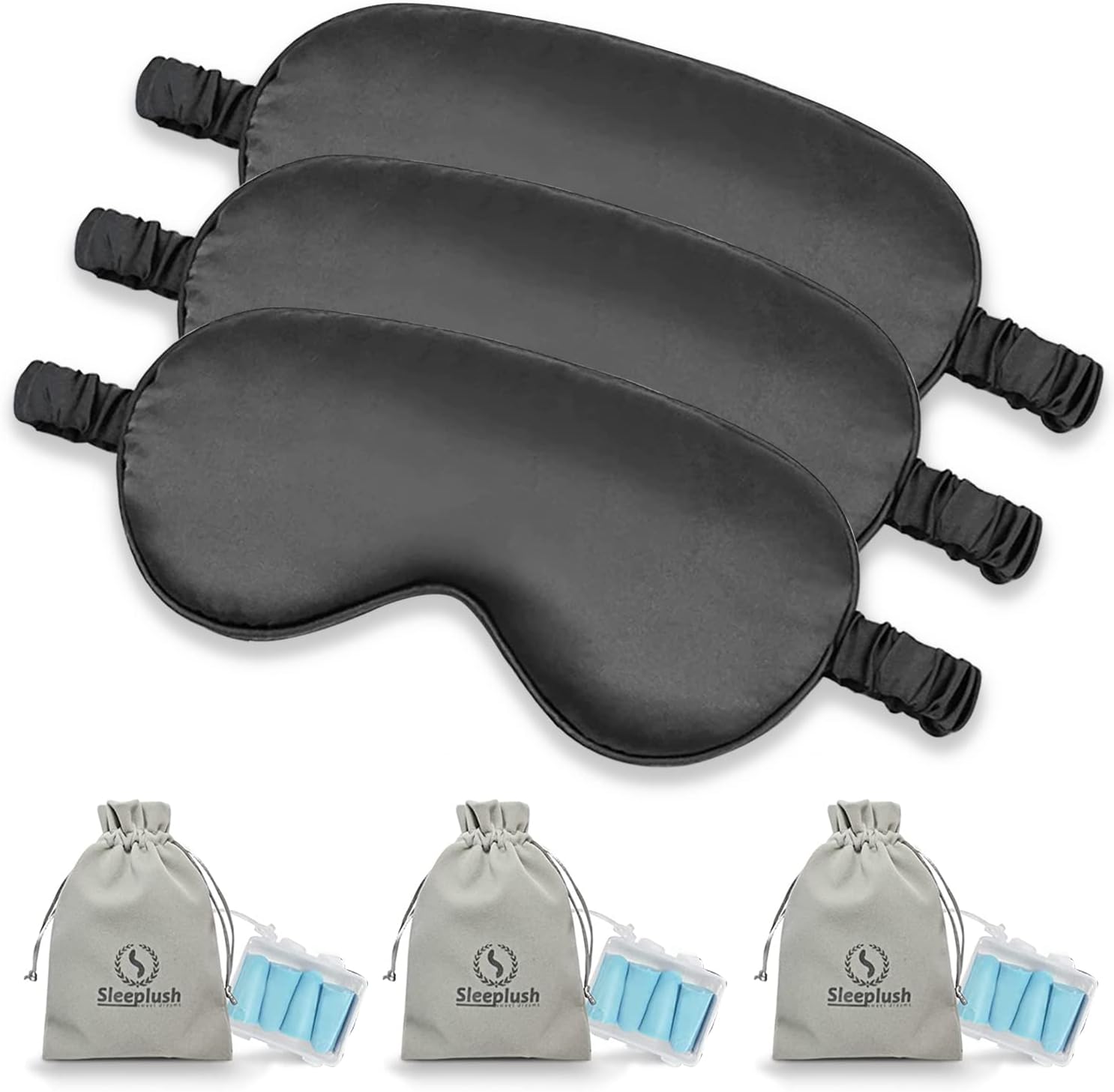 SLEEPLUSH Mulberry Silk Sleep Mask – Smooth Eye Mask for Sleeping with Silk Covered Straps – Best Travel Sleeping Mask  with Ear Plugs and Pocket Bag Black Pack of 3