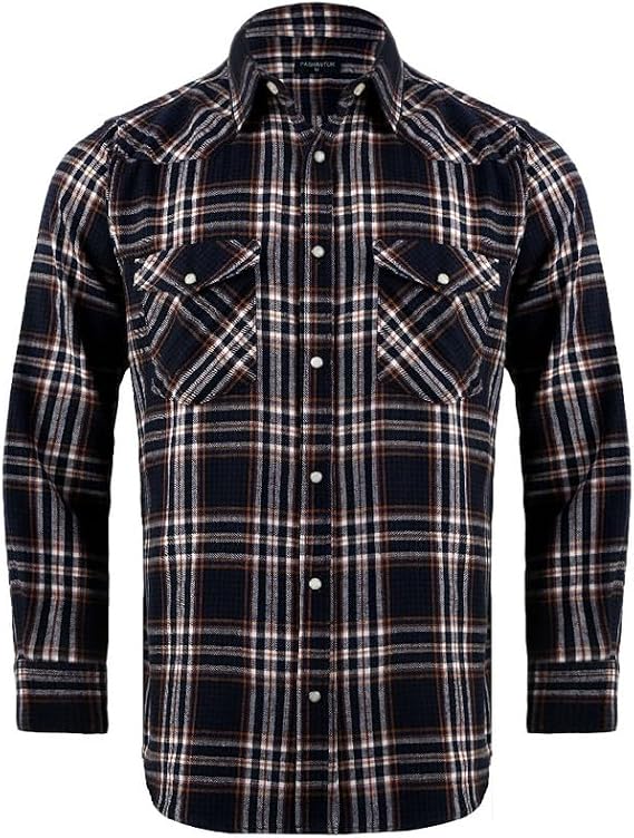 Snap Buttons Flannel Shirts for Men Regular Fit Mens Long Sleeve Shirt