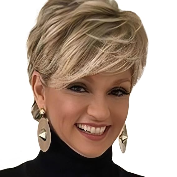 QUEENTAS Pixie Layered Short Blonde Wigs for White Women Black Women Synthetic Hair Blonde Mixed Brown