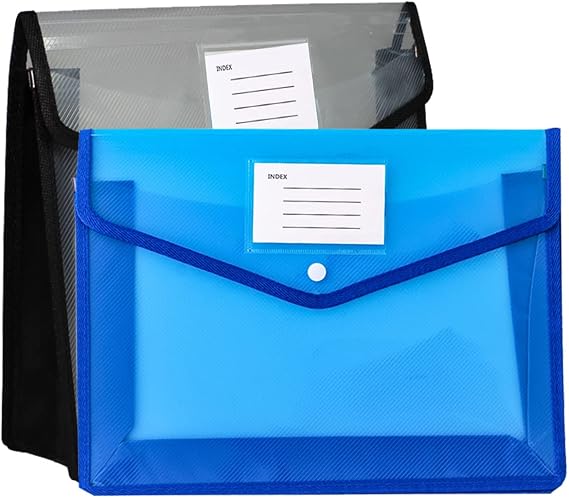A4 Plastic File Folder Waterproof Transparent Document Bag Envelopes File Organizers Portable File Wallet with Button and Pocket Accordion File Pouch for Office/Business/School,2 Pack