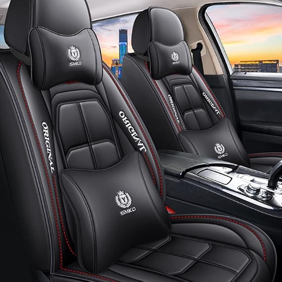 Luxury Car Seat Covers Fit for Crown Victoria 5-Seats Full Set & Pillow Leather Automotive Vehicle Cushion Cover, Waterproof Leather Seat Protectors MH82 Black