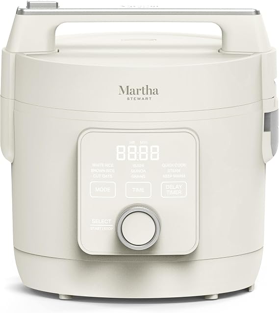 Martha Stewart 8 Cup Cooked (4 Cup Uncooked) Rice Cooker & Steamer, Linen | PFAS-Free Ceramic Nonstick Removable Pot, 9 Modes, Keep Warm, Steamer, White & Brown Rice, Quinoa, Grains, Oats, Easy Clean