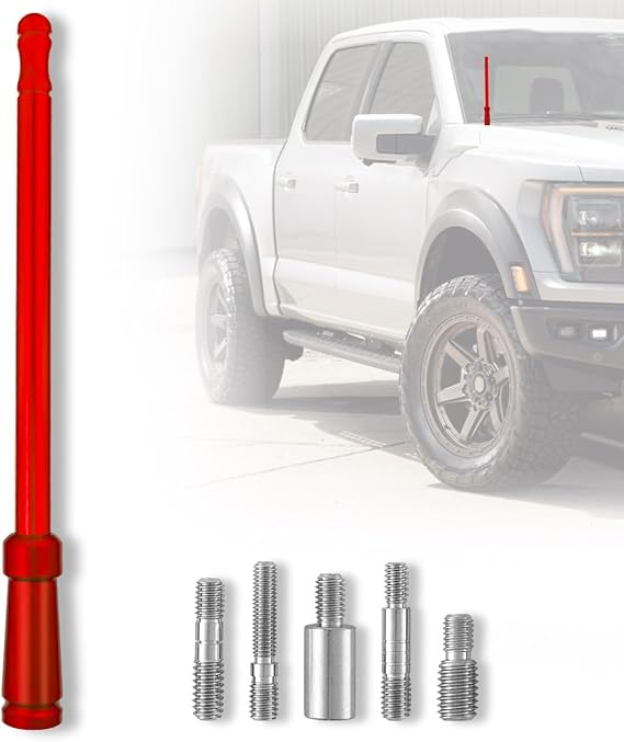 RECON Aluminum 8" Antenna Mast Style (Fits OEM Factory Threaded Antenna) Truck Antenna - Multiple Color Options (Black, Chrome, Red, White, Blue) (Red)
