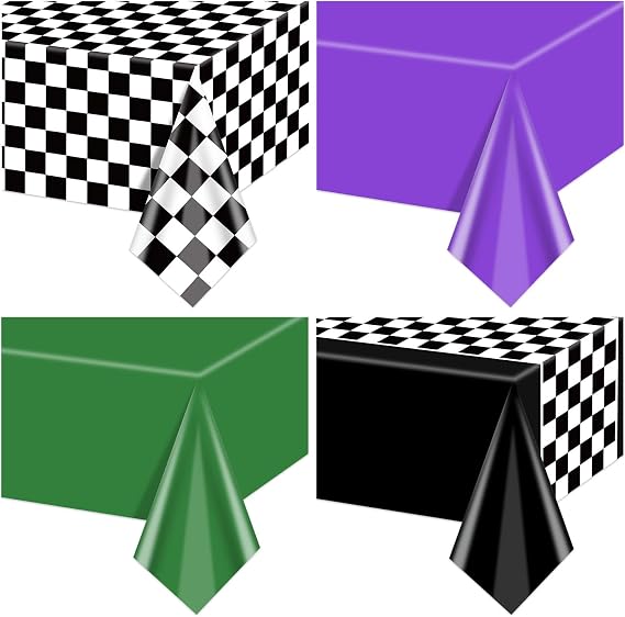 4Pcs Race Car Black White Checkered Tablecloths - 51 x 86.6" Green Purple Truck Theme Plastic Table Cover, Rectangular Monster Truck Table Decorations for Kids Baby Shower Birthday Party Supplies
