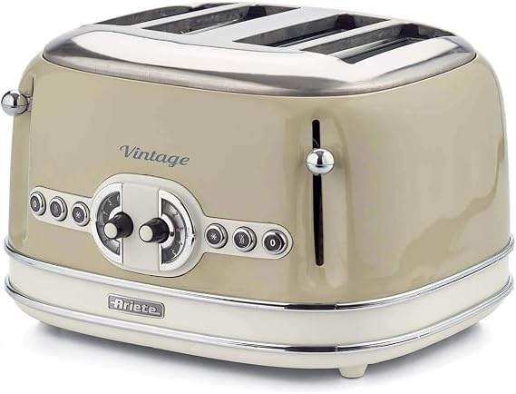 Ariete 0156 Vintage Toaster 4 Slice 6 Level Separate 2x2 Slices Control Self Centering Function with Removable Crumb Tray, Cool Touch Sides, and Defrosting, Beige