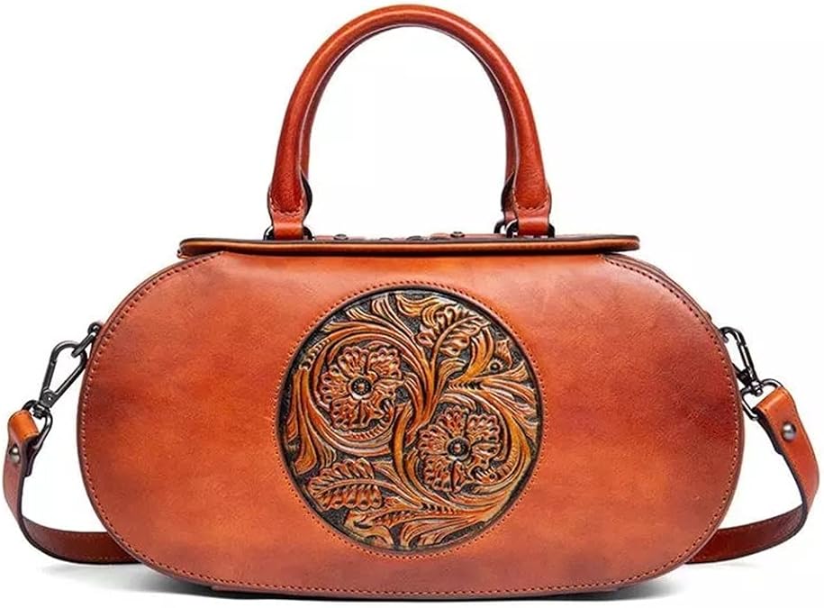 Vintage Genuine Leather Handbag for Women Embossed Shoulder Purse Handcrafted Retro Satchel