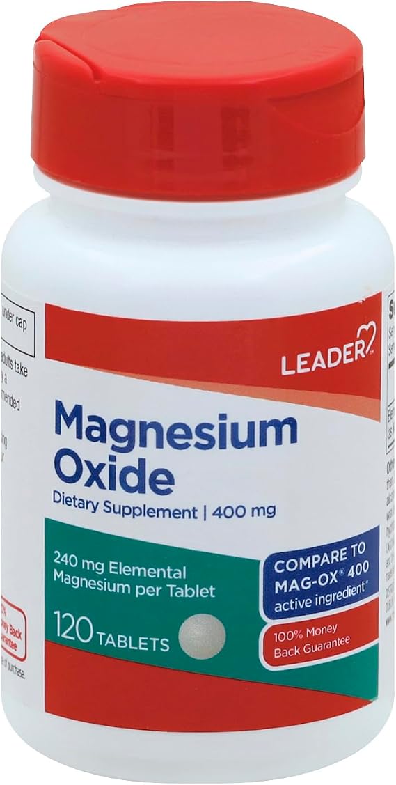 Leader Magnesium Oxide 400mg, Helps Bone & Muscle Cramps, Weakness Dietary Tablet Supplement, 120 Count