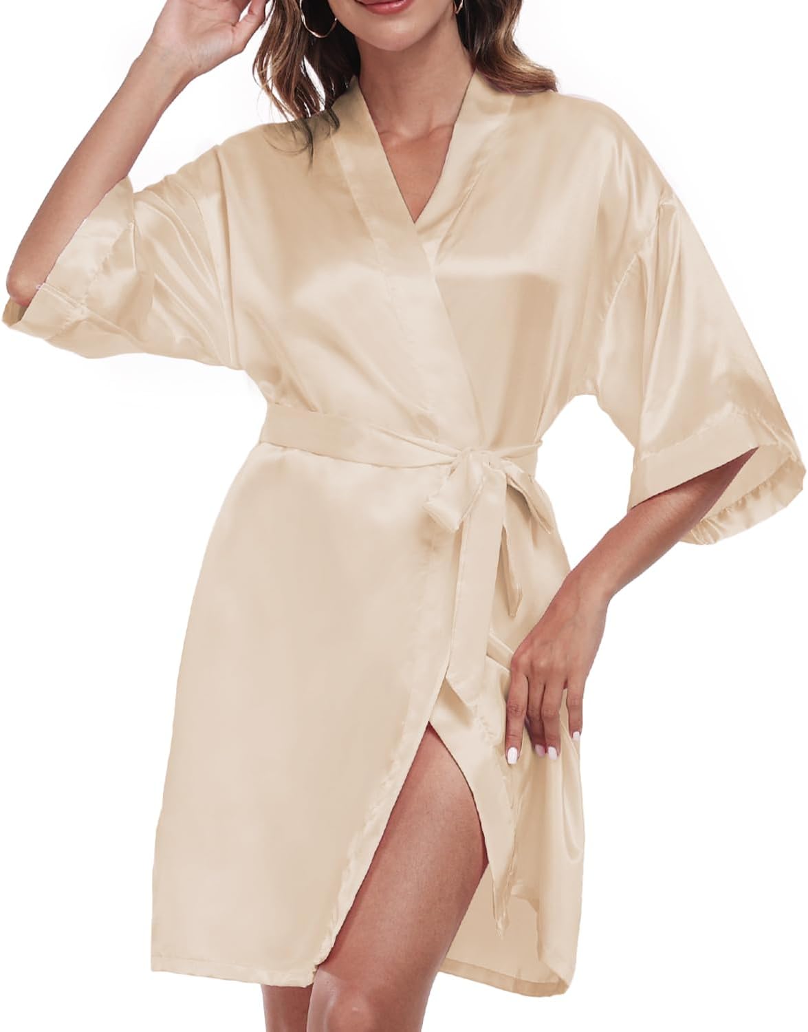 Womens Satin Robe Short Silky Bathrobes Bridesmaid Bride Wedding Party Robes Sexy Kimono Sleepwear with Pockets