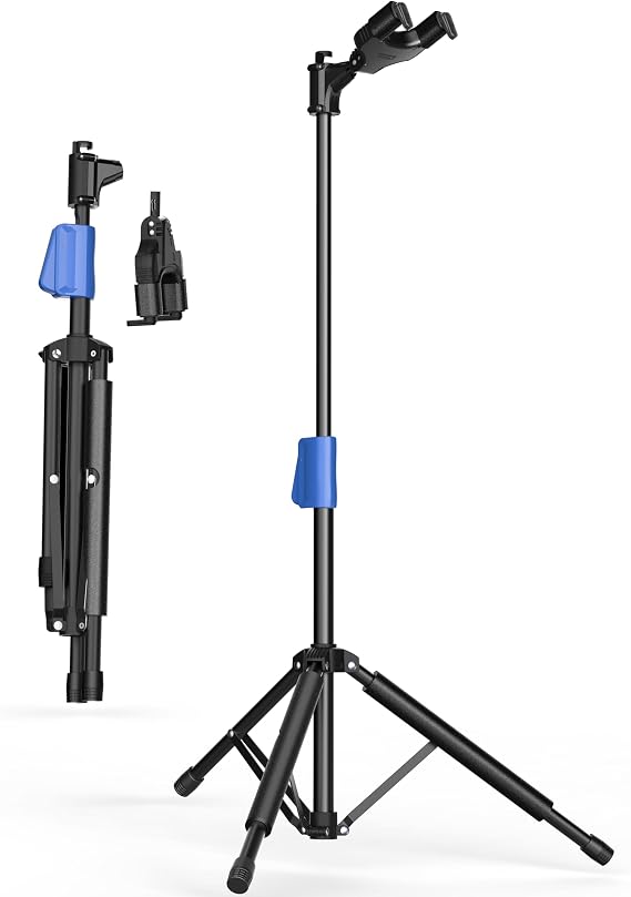 Salvori Folding Guitar Stand with Auto-Lock System, One-button Lift and Soild Tripod for Bass, Acoustic, Electric, Classical Guitar