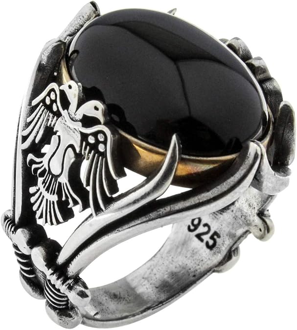 Solid 925 Sterling Silver Onyx Stone Turkish Handmade Luxury Eagle Men's Ring