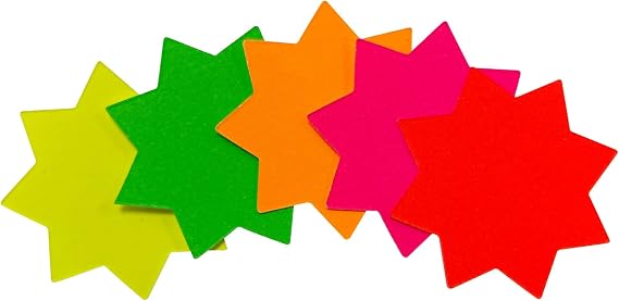 Janrax Pack of 100 Assorted Coloured Neon Fluorescent Stars 42mm, Starburst Paper Shapes for Price Signs, Labels, Classroom Displays, Notices & Crafts