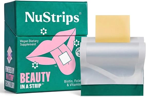 NuStripsTM Fast-Dissolving Beauty Strips with Biotin, Folate & Vitamin E Hair, Skin & Nails Supplement Supports Hair Growth & Reduces Hair Fall Non-GMO, Vegan Delicious Strawberry (30 Strips)