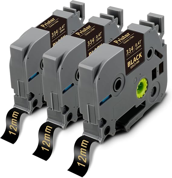 Pristar TZe-334 12mm 0.47 Laminated TZ Tape Gold on Black Label Tape 3-Pack