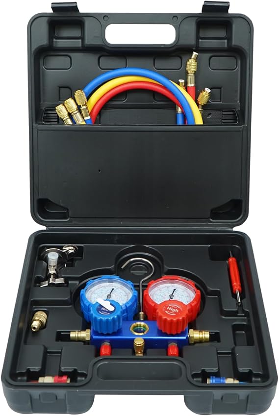 Fkstyle Round Manifold Gauge SetAir Conditioner Gas Charging Kit Compatible Refrigerants R22 R134a R404A R410A Low & High Pressure Compatible & Multi-Refrigerant Support! Vacuum Drawing, Refrigerant
